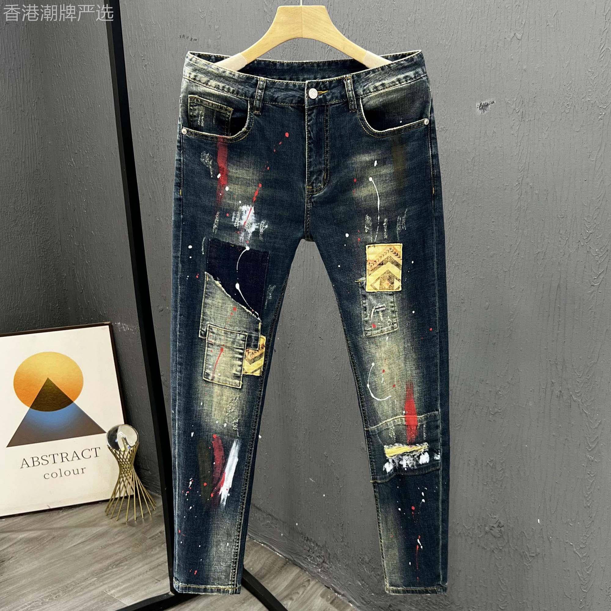 个性痞帅牛仔裤男士修身弹力九分裤子春秋季设计感潮牌时尚小脚裤