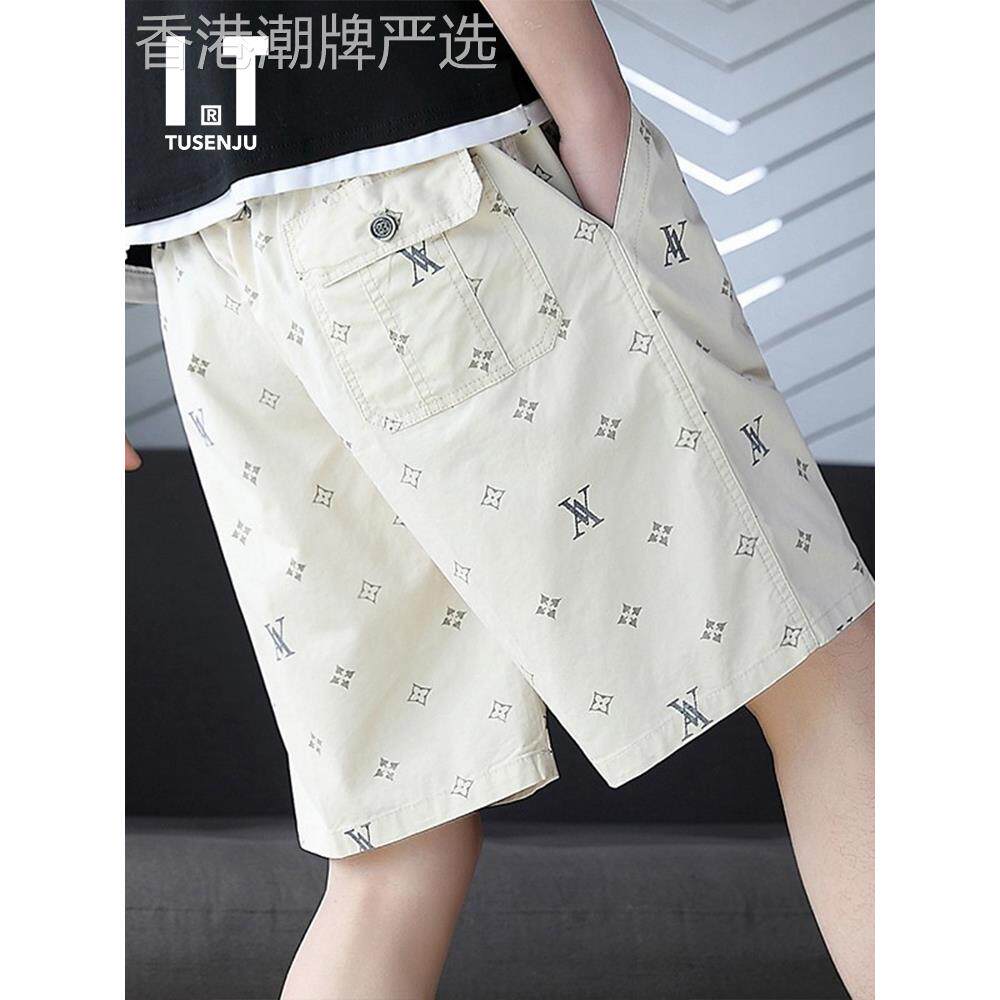 香港潮牌男卫裤印花五分短裤夏季薄款纯棉外穿沙滩裤男装休闲百搭