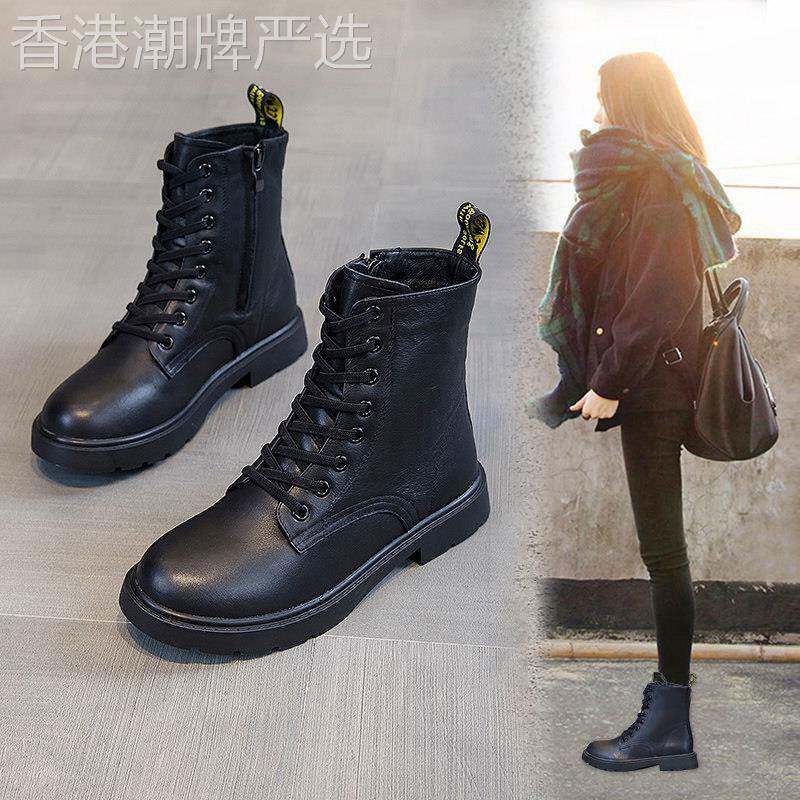港风轻奢新款~真皮马丁靴女英伦风2025冬季加绒百搭短筒平底短靴