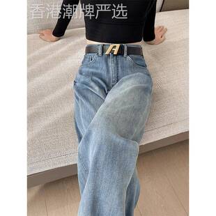 浅色窄版阔腿牛仔裤女秋冬2025新款高腰宽松高个子加长直筒拖地裤