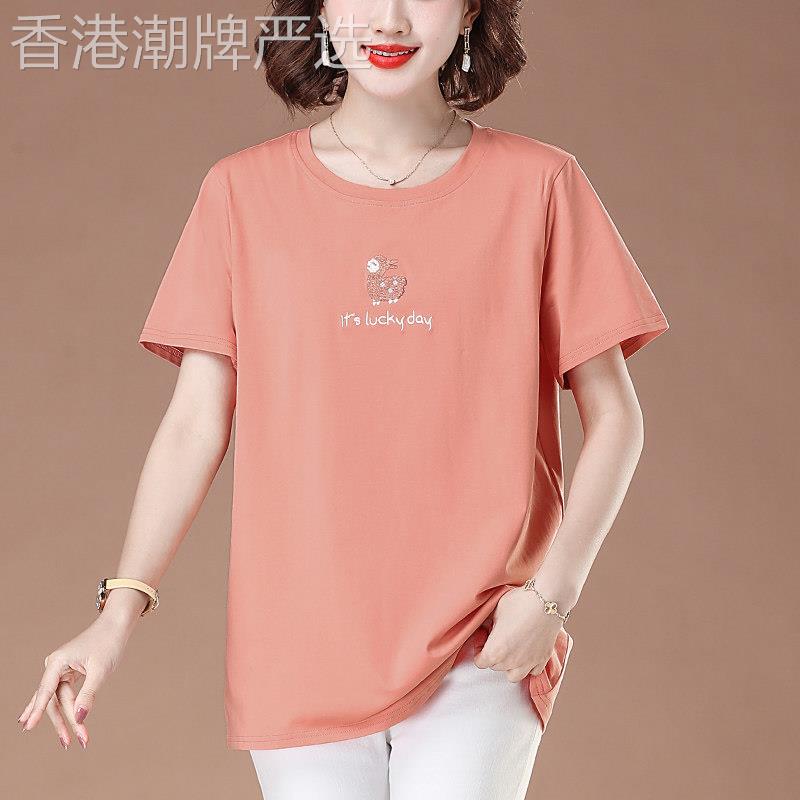 中年妈妈圆领纯棉短袖t恤女夏装新款宽松加肥加大码中年妈妈上衣