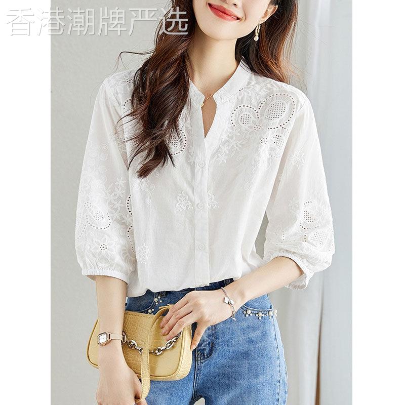 白色衬衫女夏季2026新款设计感小众气质V领显瘦宽松短袖纯棉衬衫