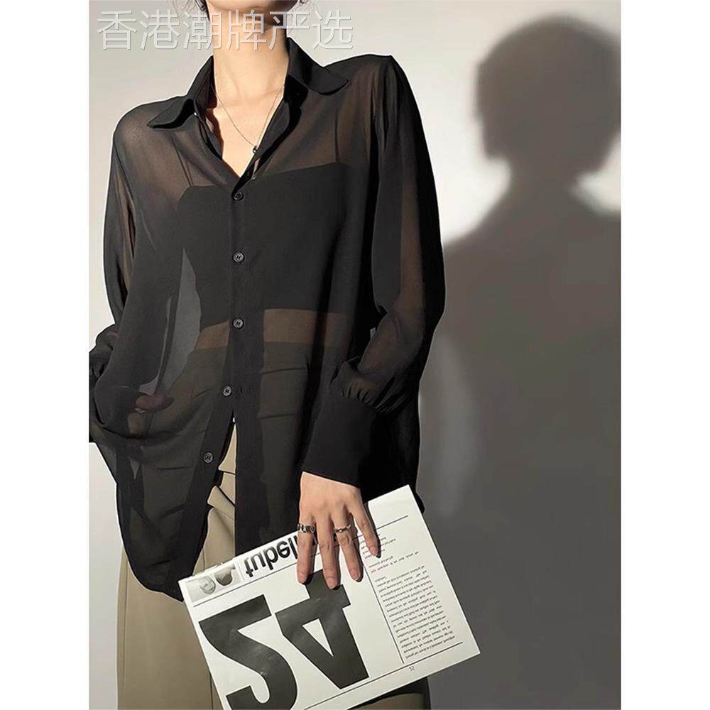 冰丝防晒衬衫女夏季2026新款外搭宽松薄款长袖衬衣中长款雪纺上衣