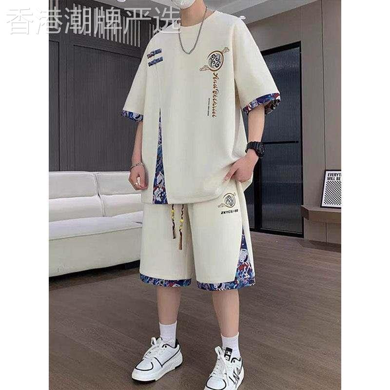 冰丝国潮休闲套装男士夏季薄款新中式宽松短袖t恤短裤穿搭两件套