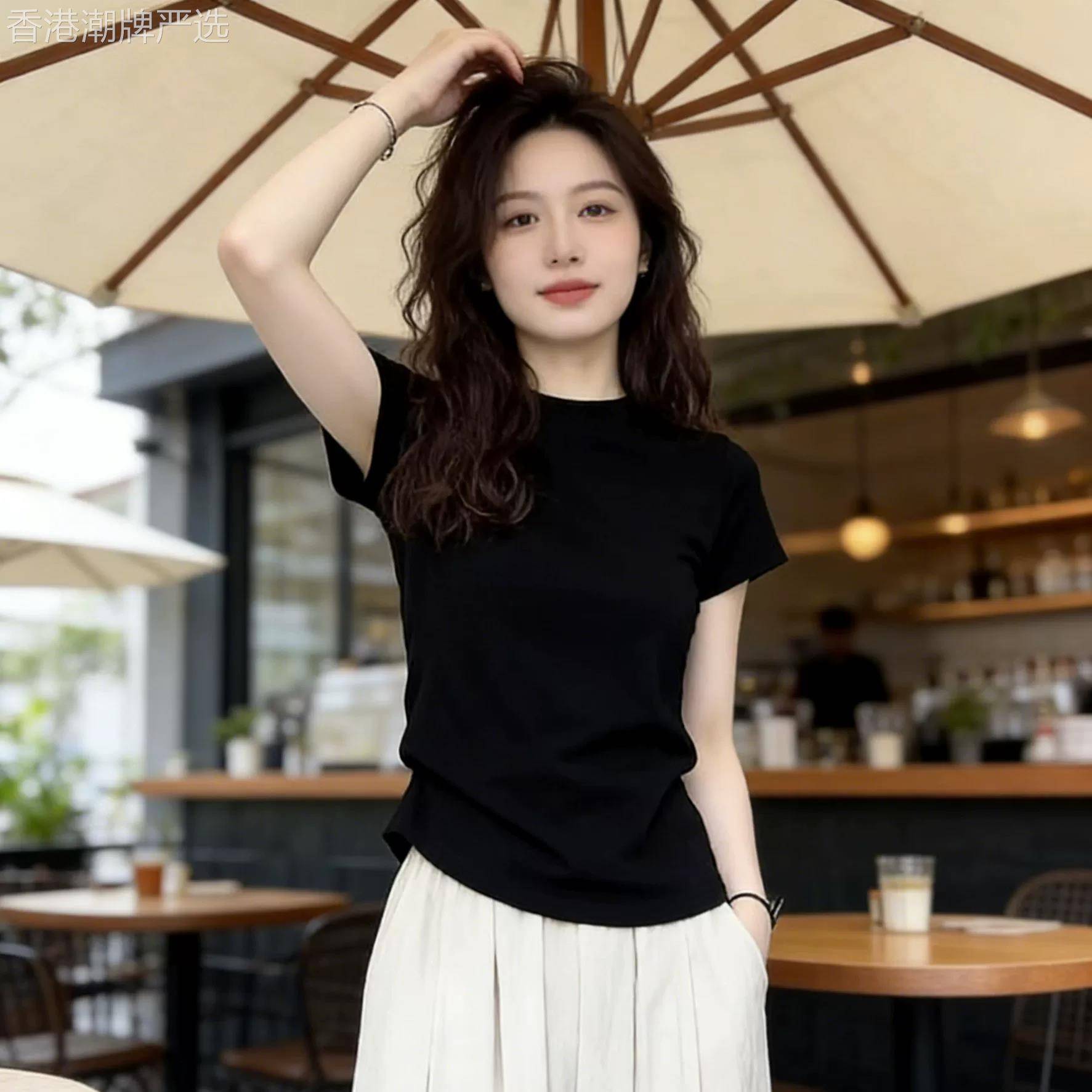 黑色正肩短袖t恤女春夏季2026新款紧身小众圆领半袖短款上衣T恤