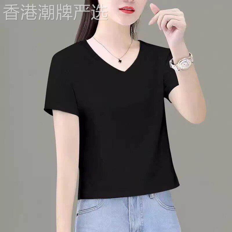 纯色v领正肩t恤女短袖夏季2025新款简约宽松休闲百搭短款黑色上衣
