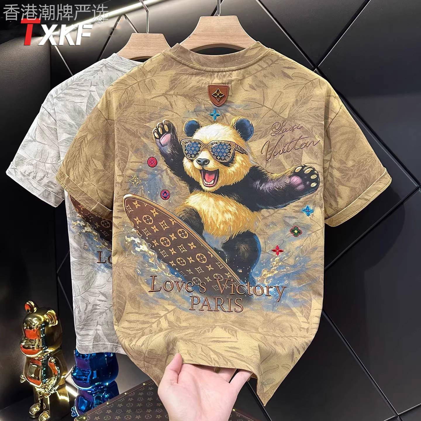 潮牌老花刺绣短袖t恤男士2026新款夏季痞帅满印熊猫半袖上衣男款