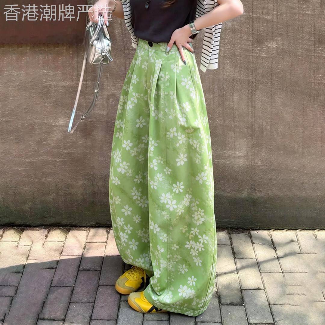 绿色碎花休闲宽裤子女2026夏新款宽松巨好看的慵懒垂坠直筒长裤