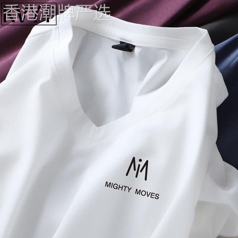 冰丝短袖t恤男士丝光棉无痕V领上衣夏季潮牌薄款今年流行夏天衣服