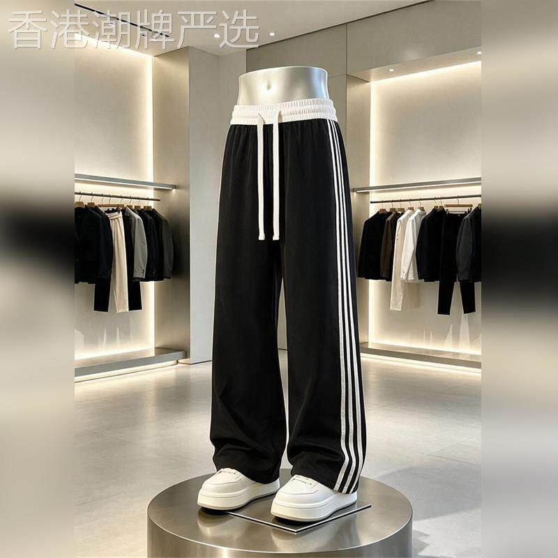 高端美式三条杠直筒休闲裤2026秋季男士宽松运动裤子侧条纹卫裤