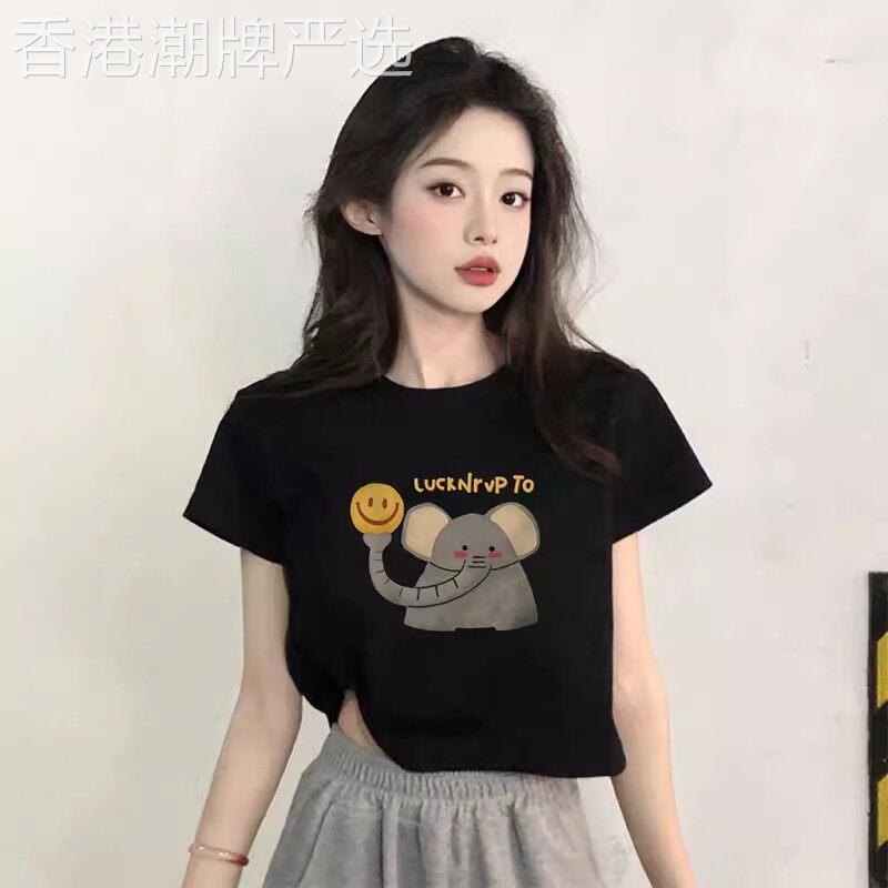 黑色正肩纯棉短袖T恤女2025夏季宽松小个子高腰显瘦短款露脐上衣