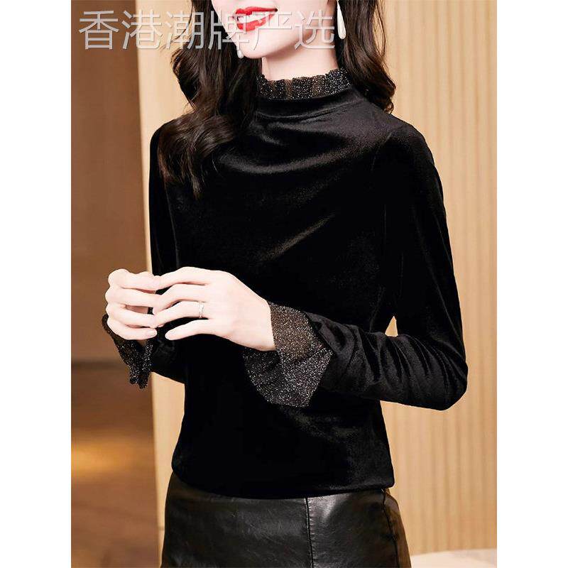 黑色半高领长袖金丝绒打底衫女秋冬欧货蕾丝拼接妈妈装内搭上衣