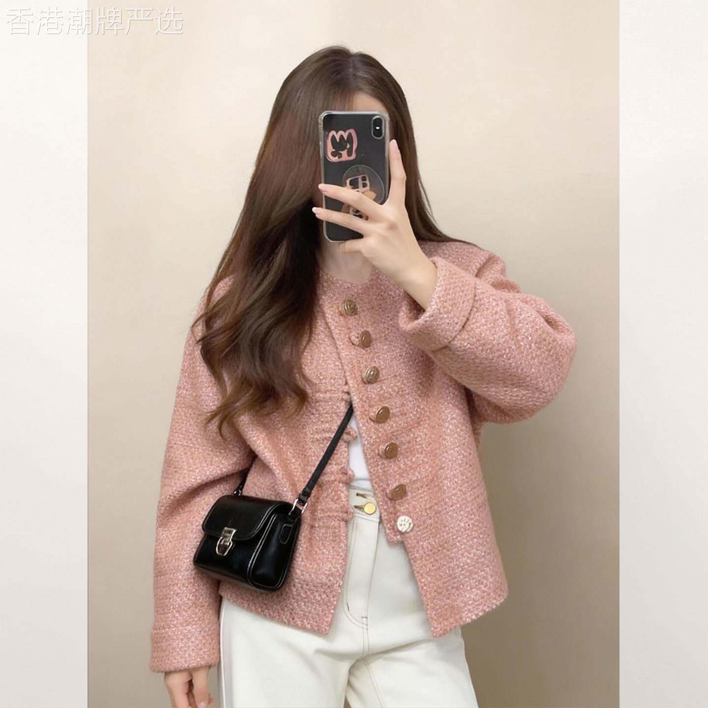 今年流行漂亮的小个子粉色粗花呢短款小香风正肩休闲外套女款春季