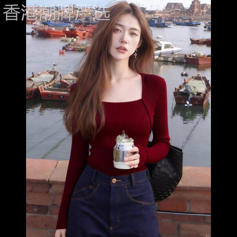 酒红色修身内搭毛衣女2026新款春秋穿搭设计感打底衫韩系辣妹上衣