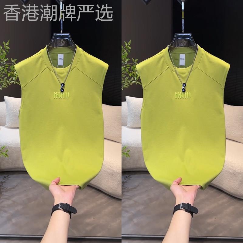 夏季新款男士时尚简约T恤百搭刺绣小标休闲背心无袖男款圆领潮流t