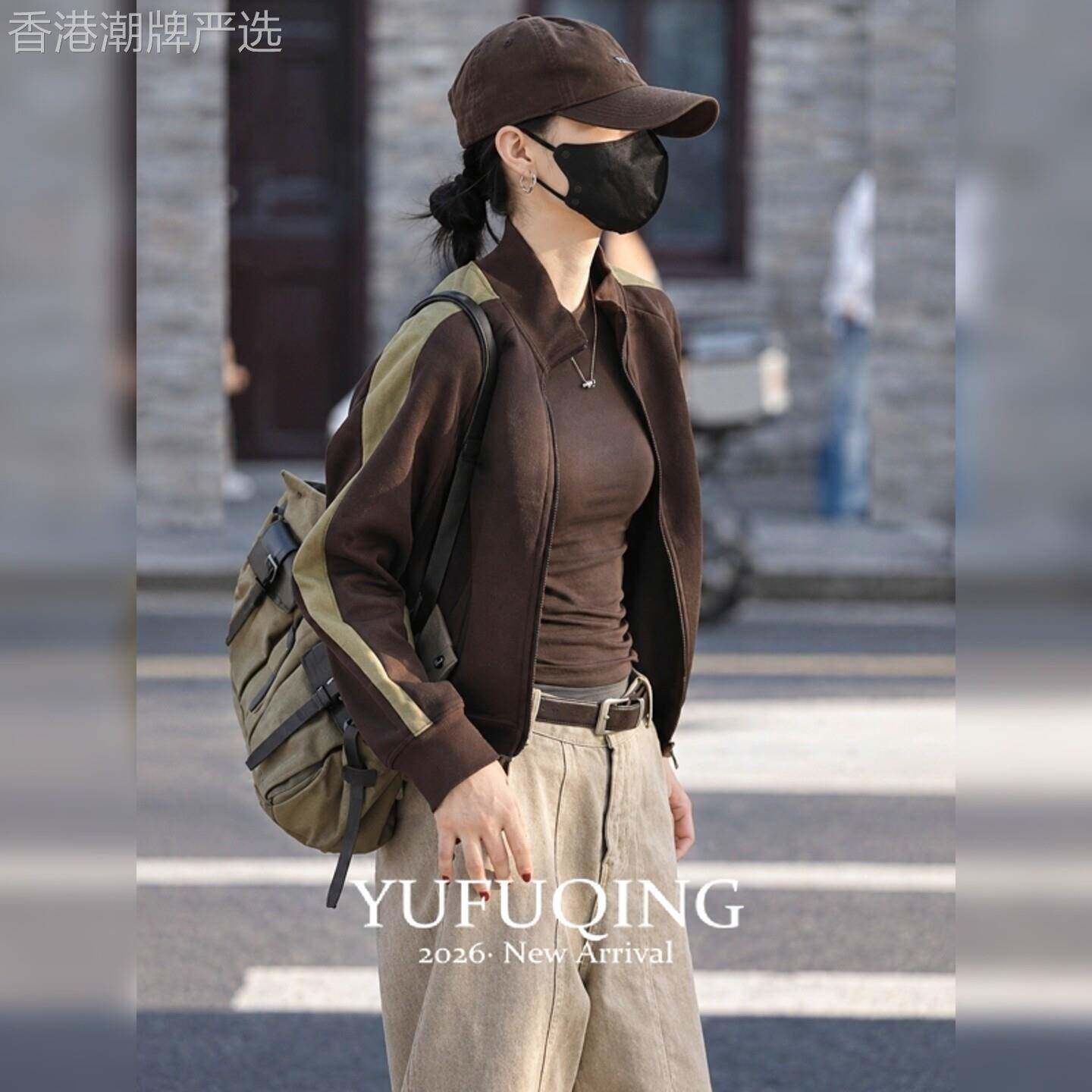 2026韩系运动风咖色短款夹克外套女秋季宽松休闲撞色立领拉链新款