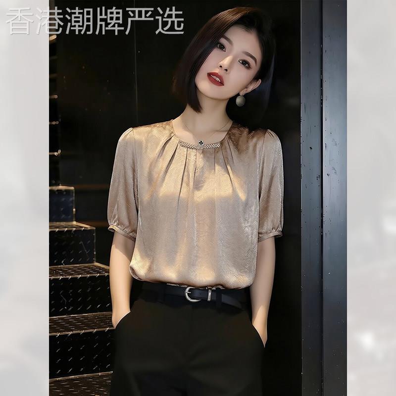 高端气质香槟色短袖衬衫女夏季2026年新款设计感上衣简约精致小衫