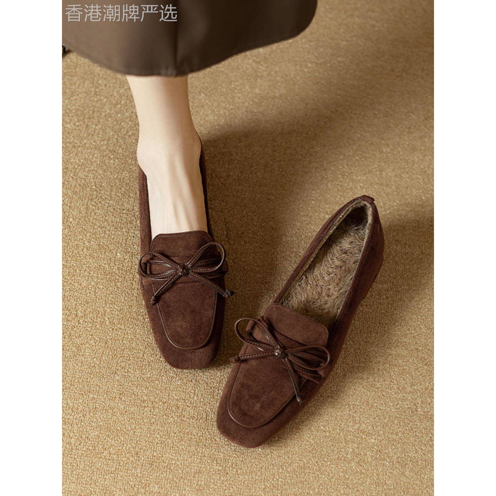 秋冬新款覆古蝴蝶结单鞋女磨砂皮粗跟女鞋加绒毛毛鞋一脚蹬乐福鞋