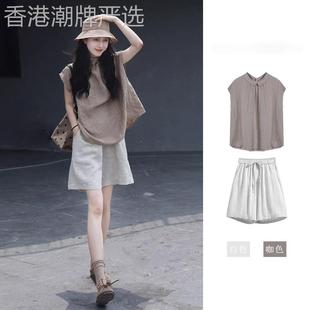 潮牌微胖显瘦茶系穿搭一整套小个子休闲 棉麻亚麻衬衫短裤套装女