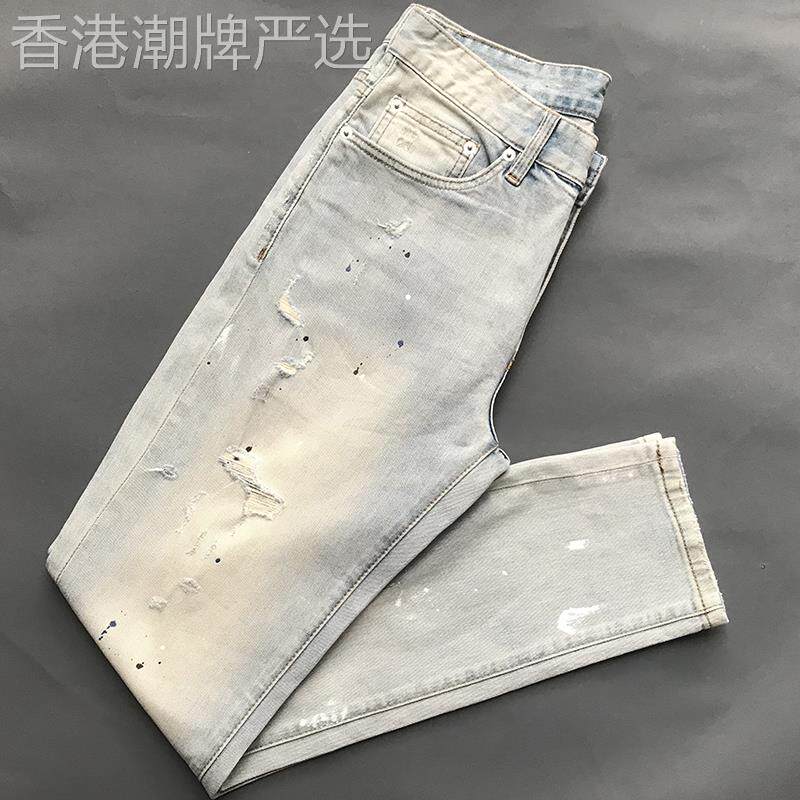 2025夏季薄款浅色破洞泼墨牛仔裤男潮牌小直筒高街弹力休闲长裤子