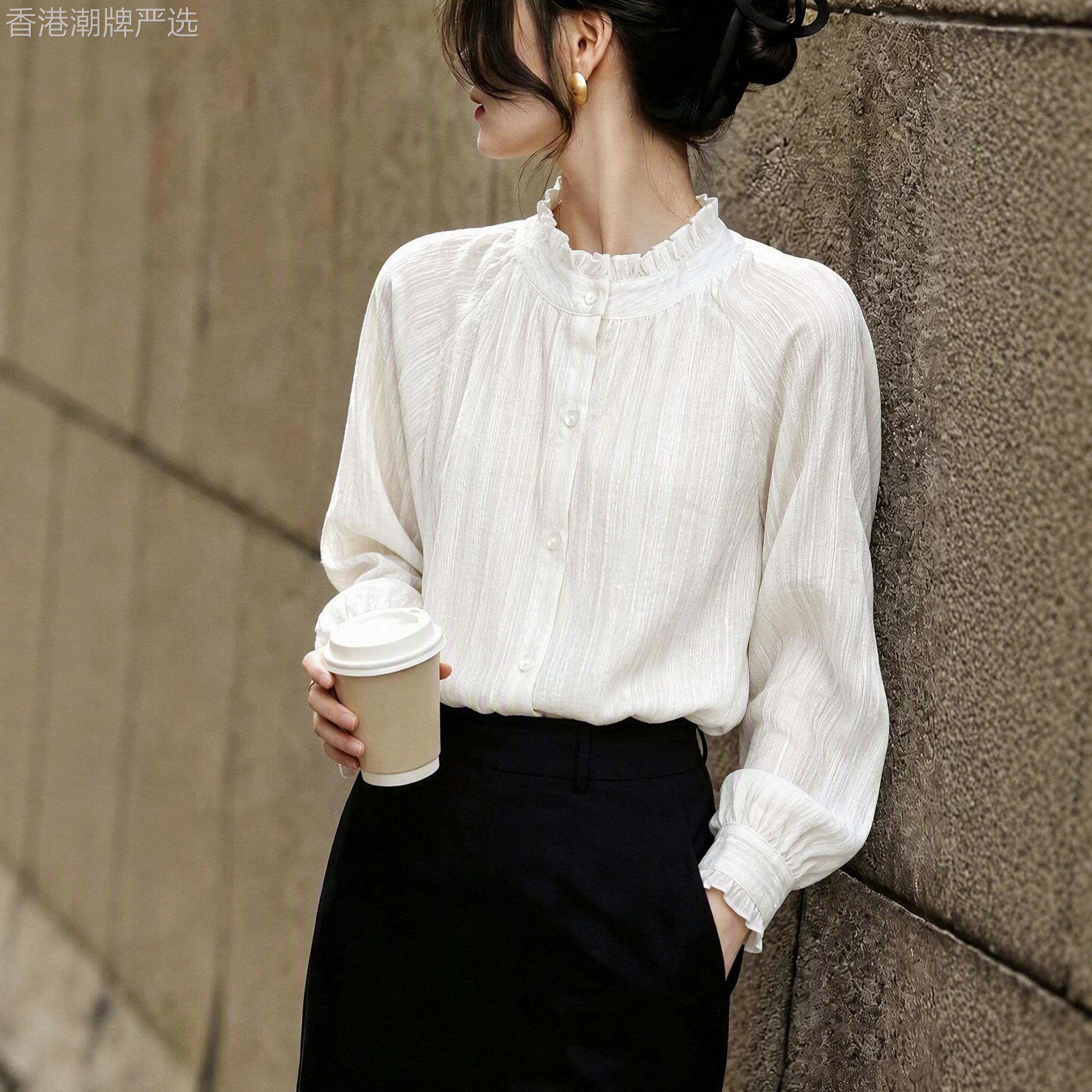 白色纯棉衬衫女长袖春秋2026新款高级感减龄洋气立领休闲衬衣上衣