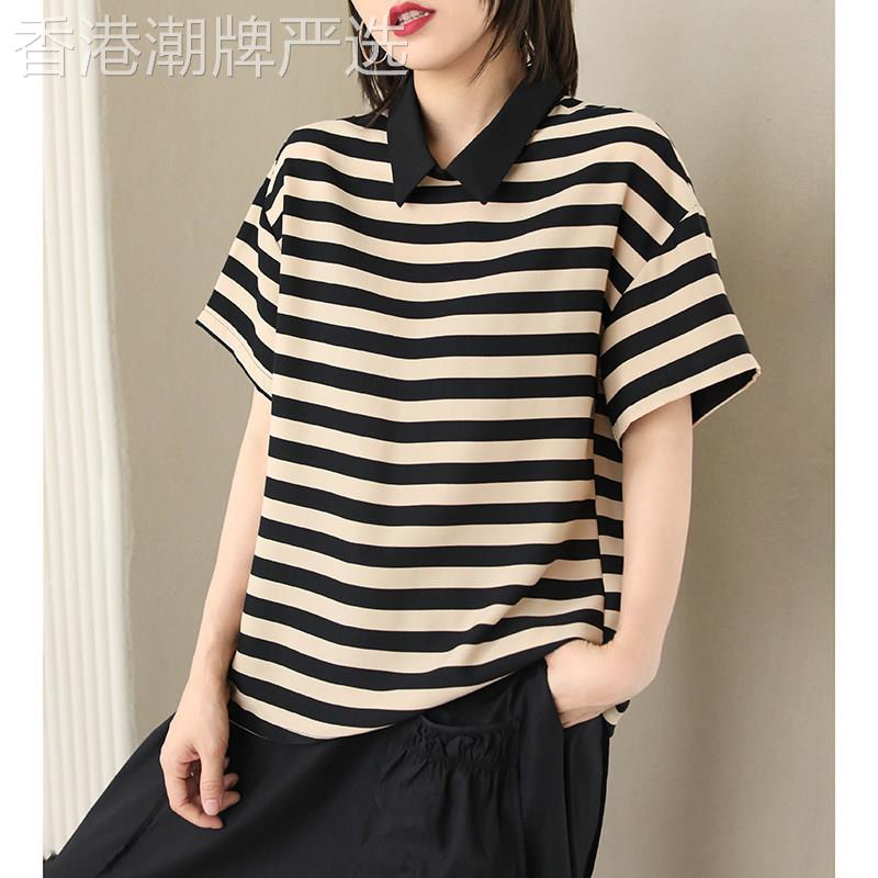 文艺复古天丝棉条纹衬衫女士韩版娃娃领短袖T恤夏季薄款宽松上衣