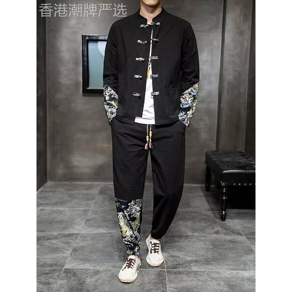 唐装中国风套装男春秋季覆古潮流宽松大码民族汉服棉麻休闲两件套