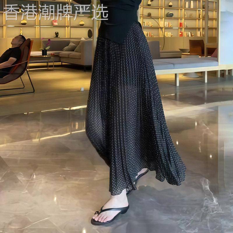 黑色波点褶皱半身裙女2026夏季流行新款高腰显瘦时尚百搭气质长裙