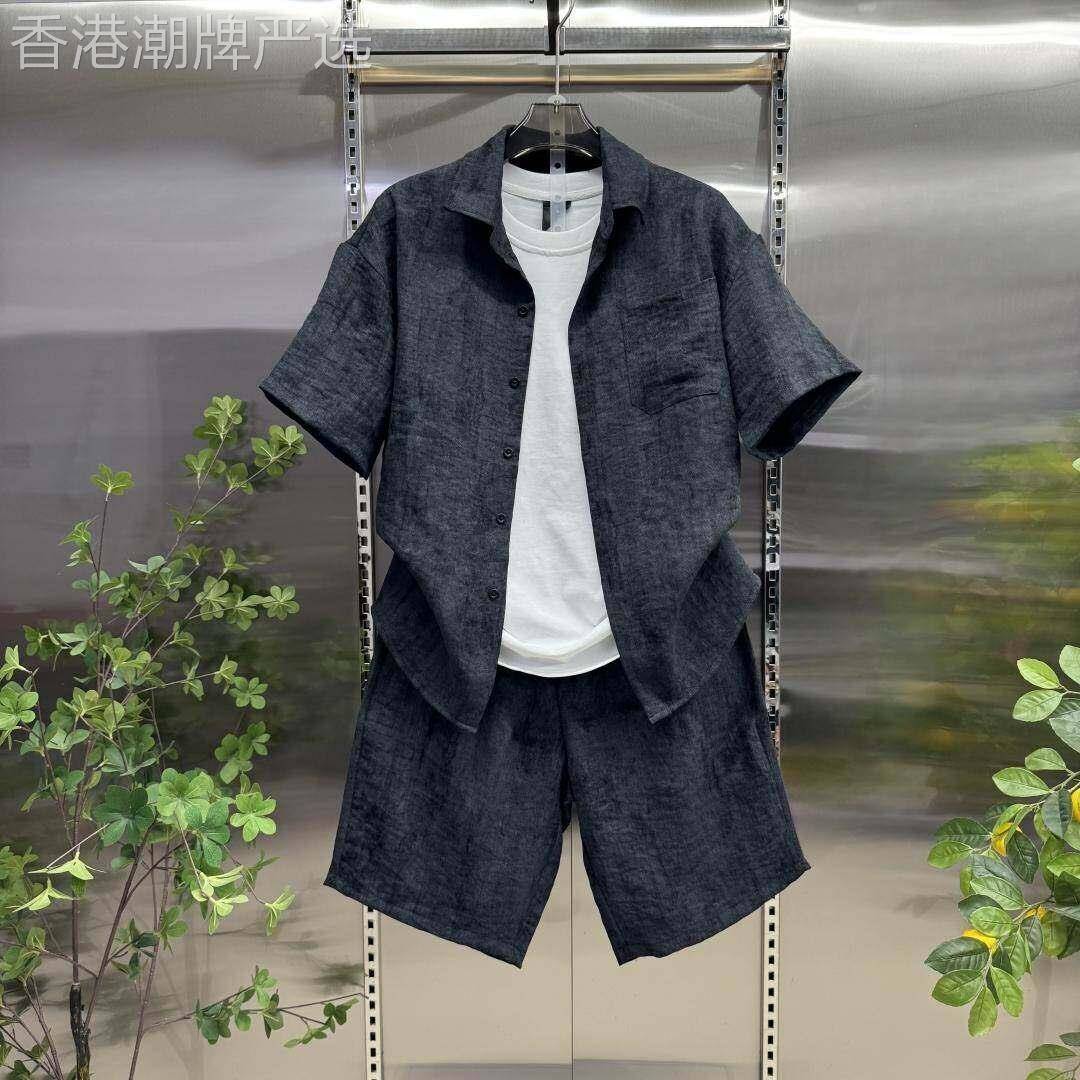 扎染棉麻休闲套装男夏季潮牌宽松扎染半袖衬衫短裤男装穿搭一整套