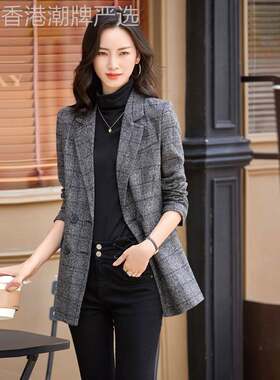 灰色格子西装外套女中长款2025春秋新款修身显瘦高级感小西服外套