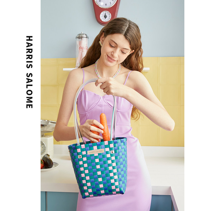 harris salome手工编织马赛克拼色小号长柄单肩菜篮子包