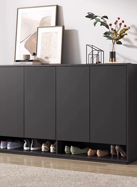 黑色入户鞋柜家用门口鞋柜玄关柜一体室内客厅超薄包安装实木鞋柜