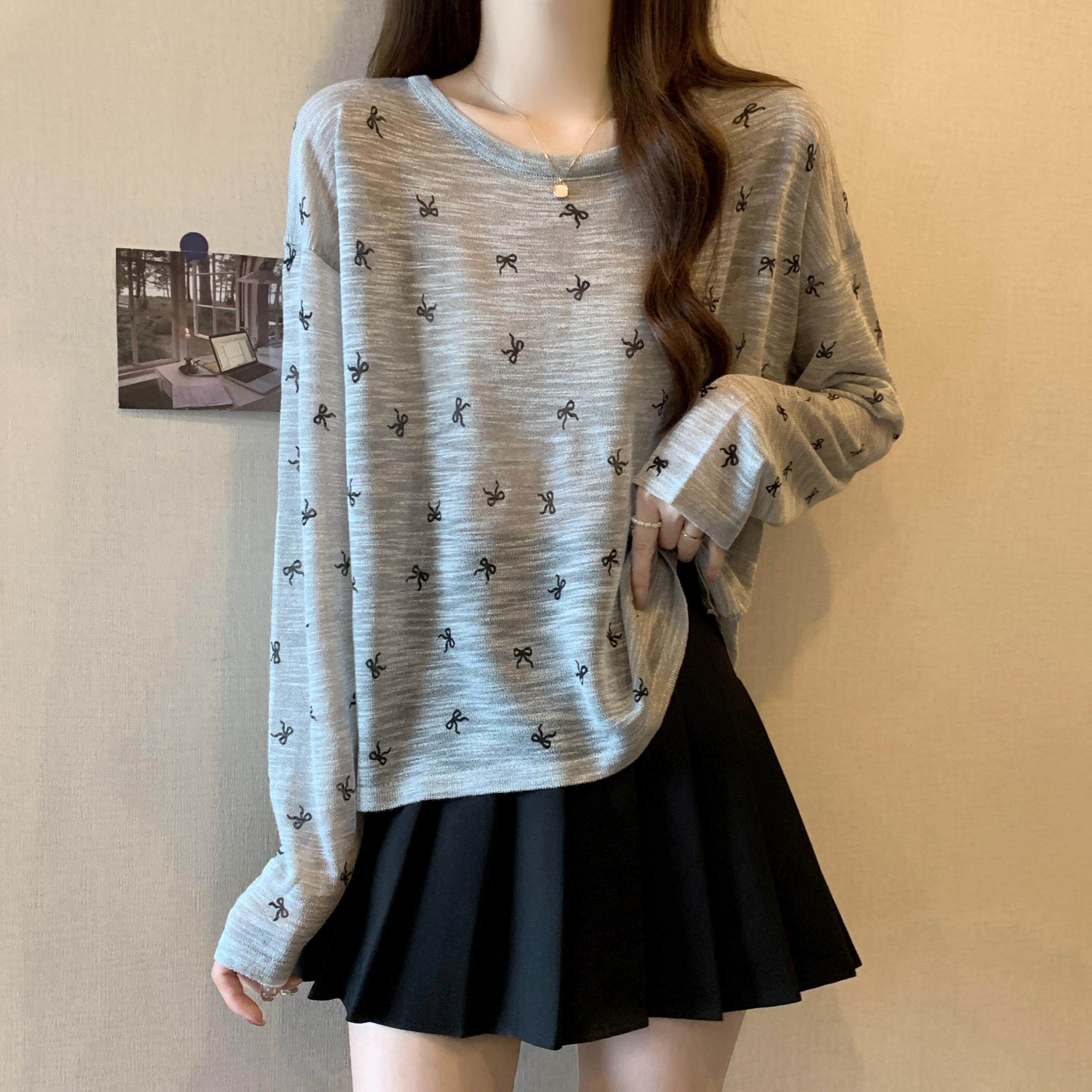 冰丝微透竹节棉防晒长袖T恤女夏天大码胖mm宽松内搭面膜罩衫上衣