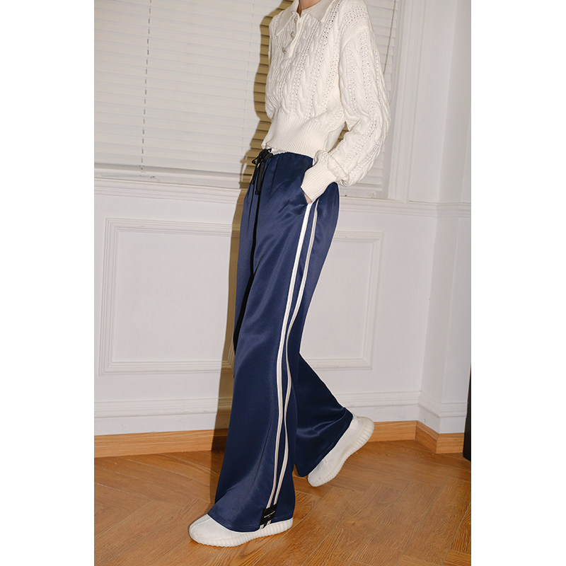 【品牌直发正品】MaisonWester新品缎面学院复古条纹藏青阔腿裤