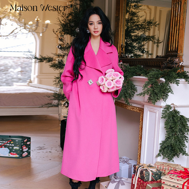 【品牌正品】MaisonWester大领羊毛双面呢钻扣大衣长款通勤外套