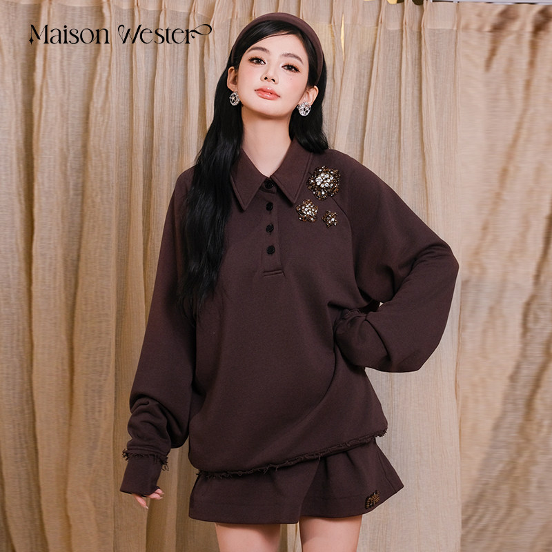 【品牌正品】MaisonWester户外休闲巧克力色翻领休闲刺绣卫衣