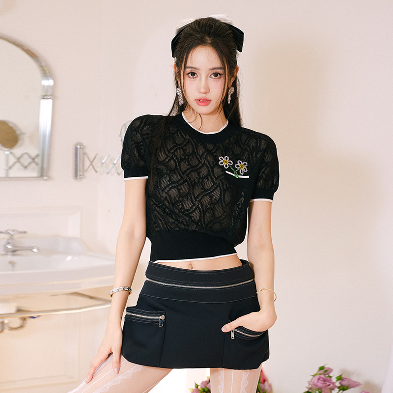 【品牌直发正品】MaisonWester气质简约提花镂空针织套头上衣T恤