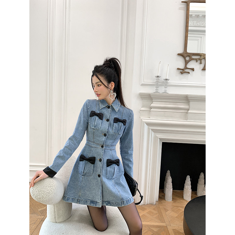 【品牌正品】MaisonWester复古宫廷牛仔收腰显瘦A摆长袖连衣裙