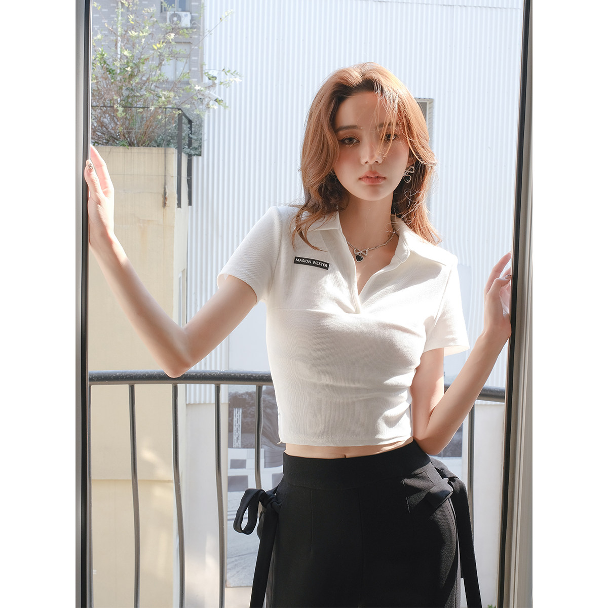 【品牌正品】MaisonWester针织衬衫领短上衣女简约高级感T恤