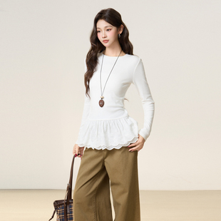 白色圆领蕾丝花边拼接长袖t恤女2026秋冬季新款修身显瘦打底上衣