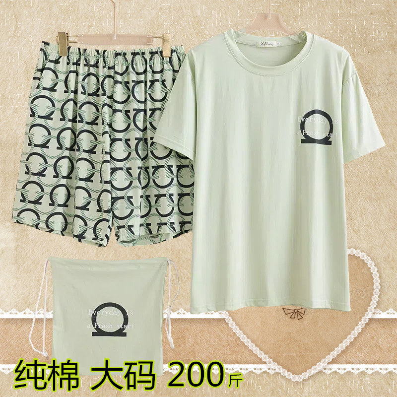 夏季胖妈M加肥大版200斤宽松休闲家居服女士纯棉睡衣格子短袖短裤
