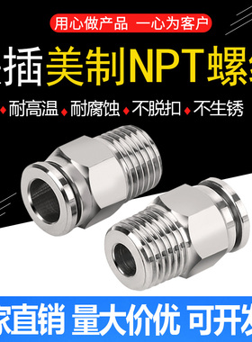 304不锈钢气管快速接头快插气动快接美标NPT螺纹高压气嘴直通元件