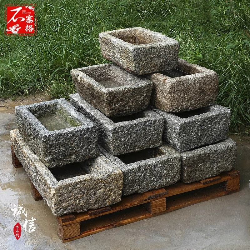 老石槽鱼缸石盆方形弧形水槽阳台流水景观石头复古家用洗手盆造景