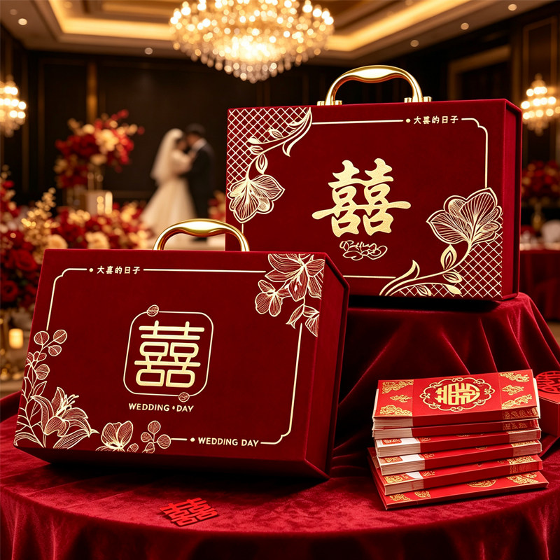 结婚礼金箱订婚彩礼钱盒陪嫁现金收纳箱中式植绒大喜日子婚庆用品