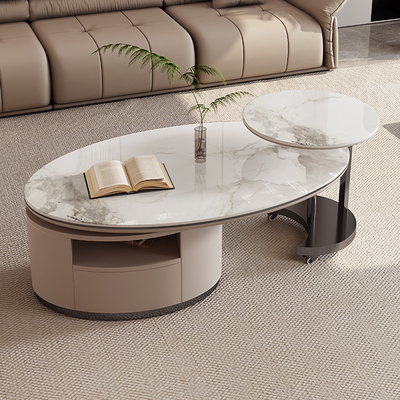 岩板旋转茶几意式极简2024年新款可移动客厅家用带轮子椭圆形边几