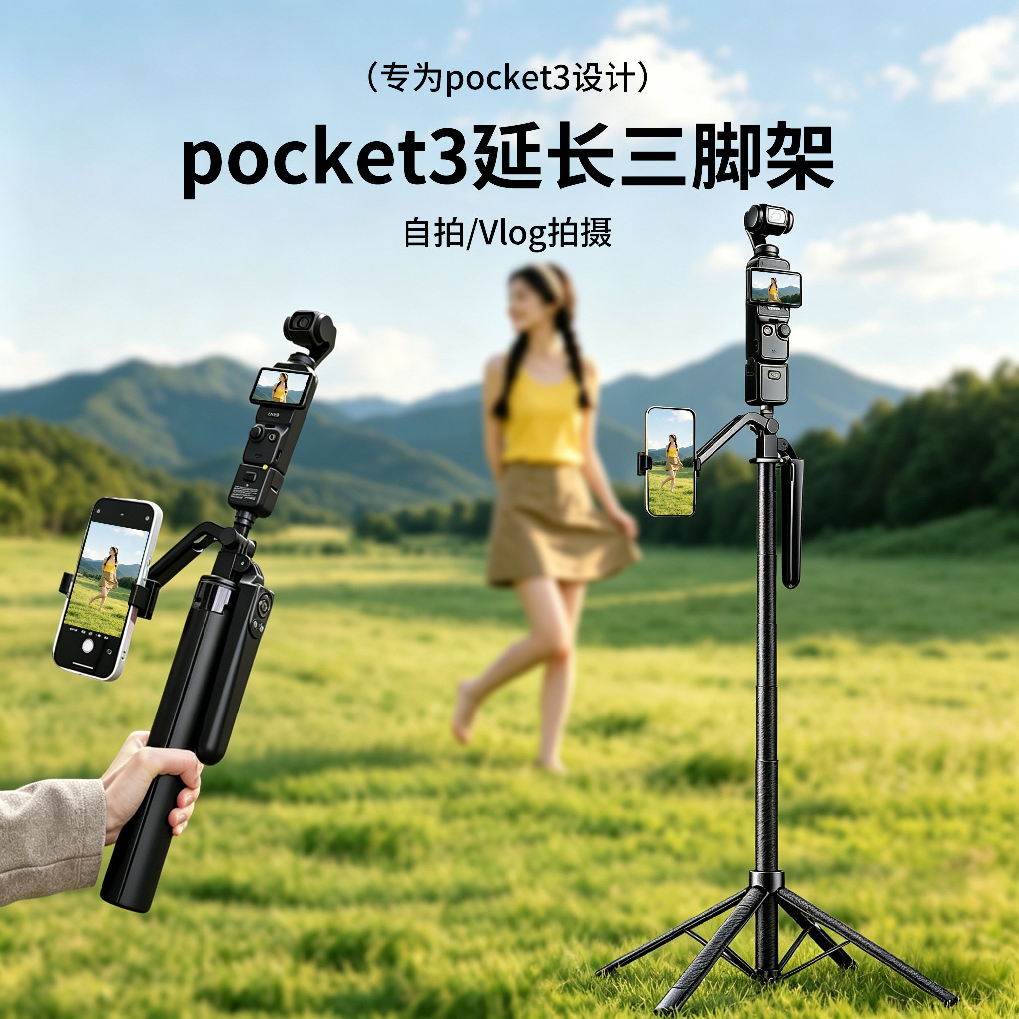适用DJI大疆pocket3/4延长三脚架手持自拍杆可伸缩云台运动相机手机桌面旅游便携演唱会落地支架图片