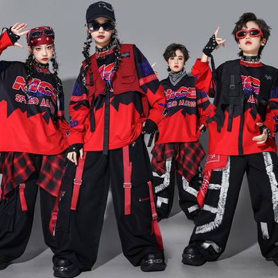 儿童红色街舞演出服男嘻哈