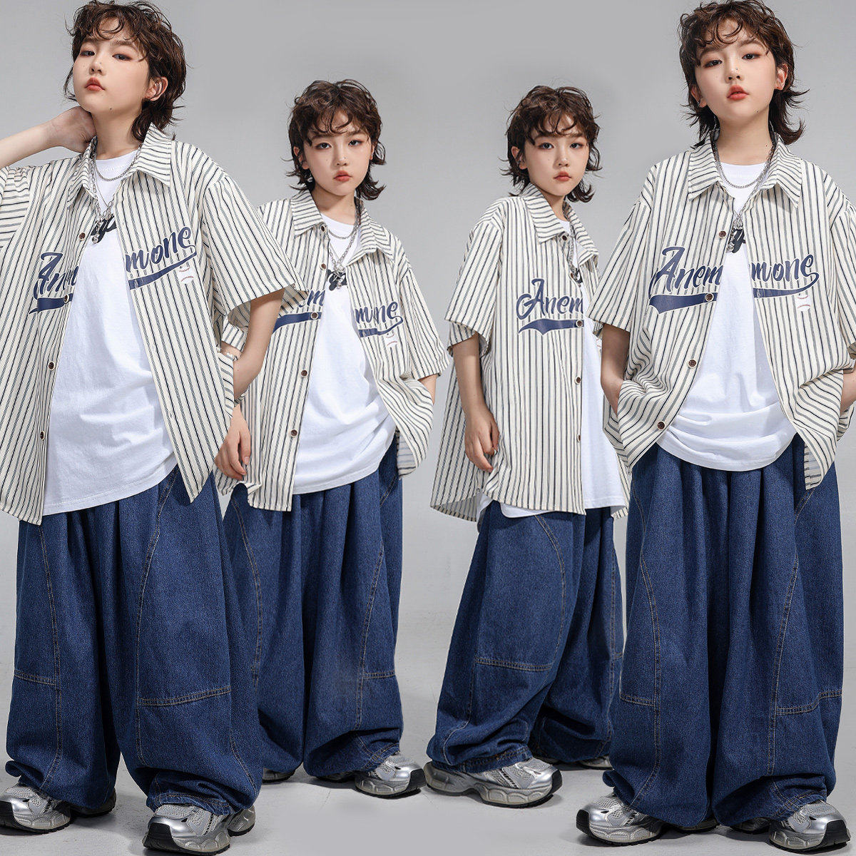街舞潮服男童短袖条纹衬衫上衣酷帅女童嘻哈少儿hiphop六一演出服