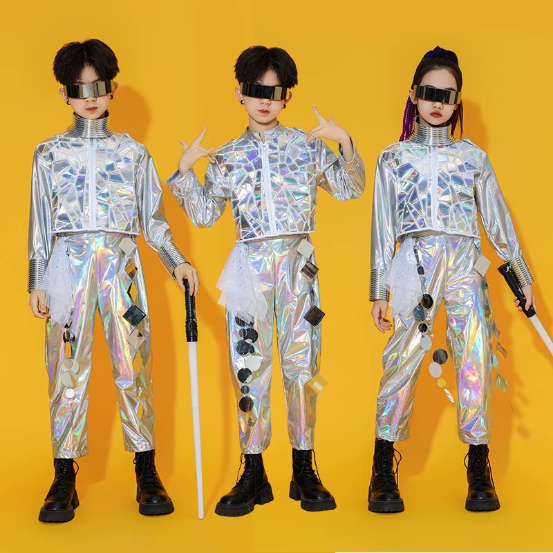 科技感儿童宇宙镭射服机器人舞蹈套装潮流未来走秀银色男女演出服