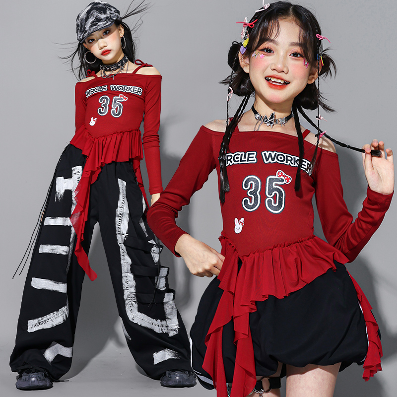 女童红色爵士舞演出服儿ja
